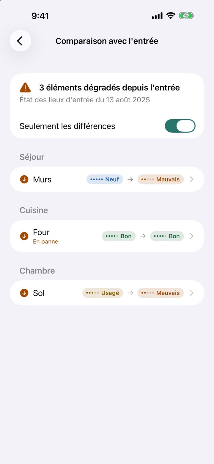 Comparaison avec l'entrée : murs du séjour passés de Neuf à Mauvais, sol de la chambre d'Usagé à Mauvais