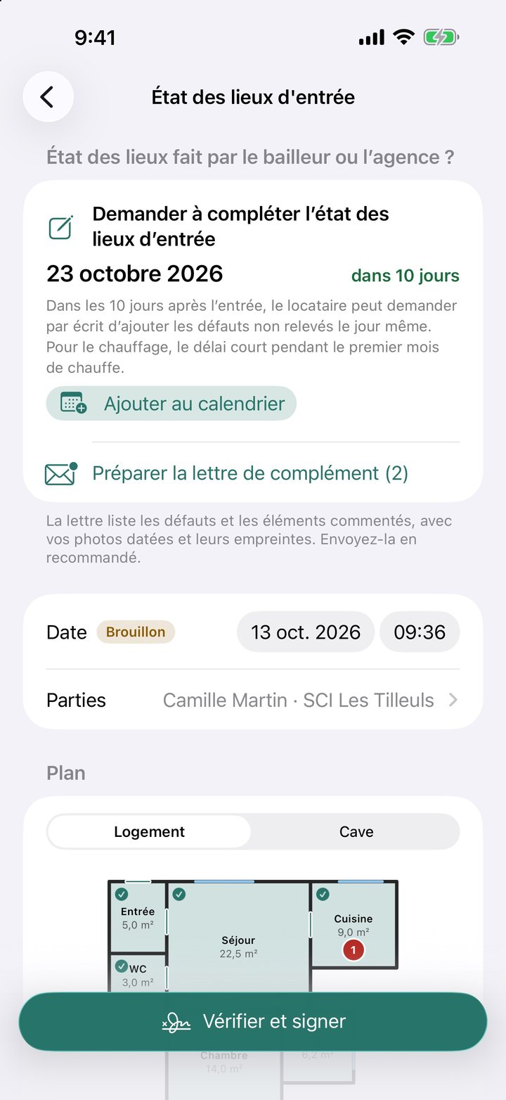 Écran d'un état des lieux d'entrée : date limite pour demander à compléter, bouton Ajouter au calendrier et lettre de complément