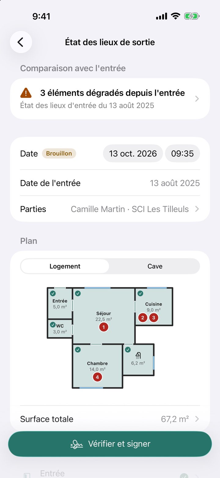 Écran d'un état des lieux de sortie : 3 éléments dégradés depuis l'entrée, plan du logement avec les pièces, leurs surfaces et les défauts numérotés