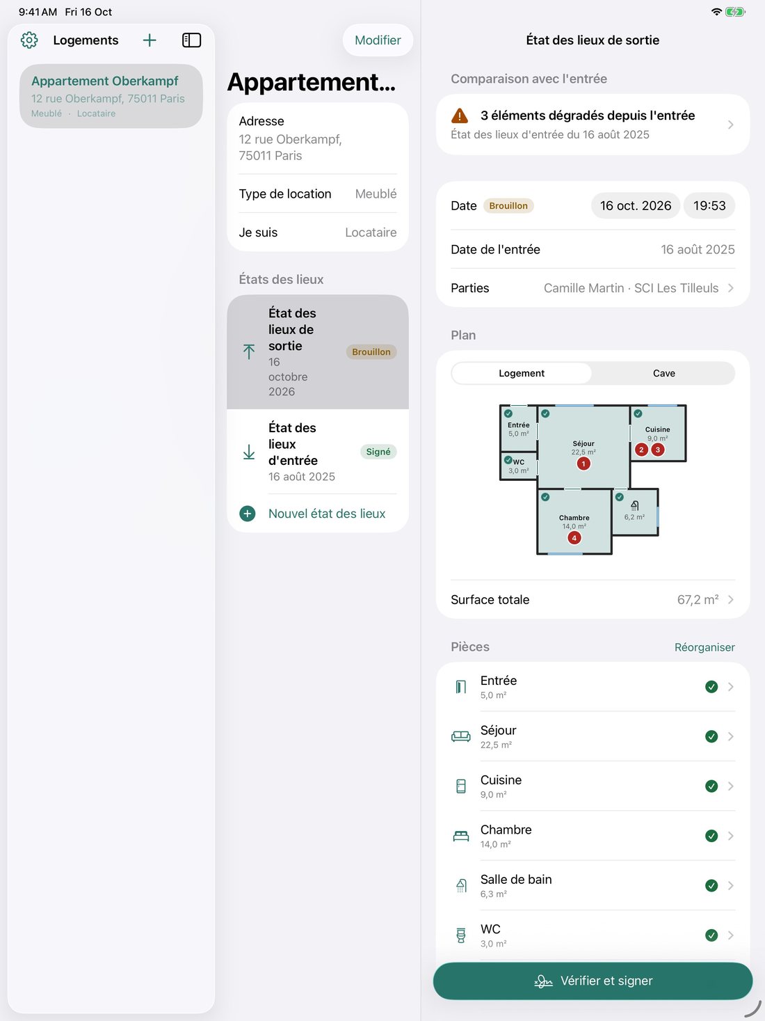 iPad : liste des logements, état des lieux de sortie avec 3 éléments dégradés depuis l'entrée, et plan avec les surfaces des pièces et les défauts numérotés