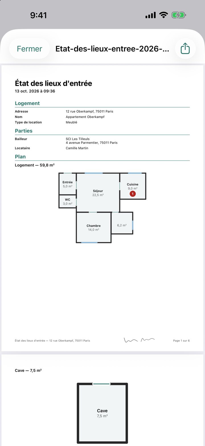 Première page du PDF d'un état des lieux d'entrée : logement, parties et plan